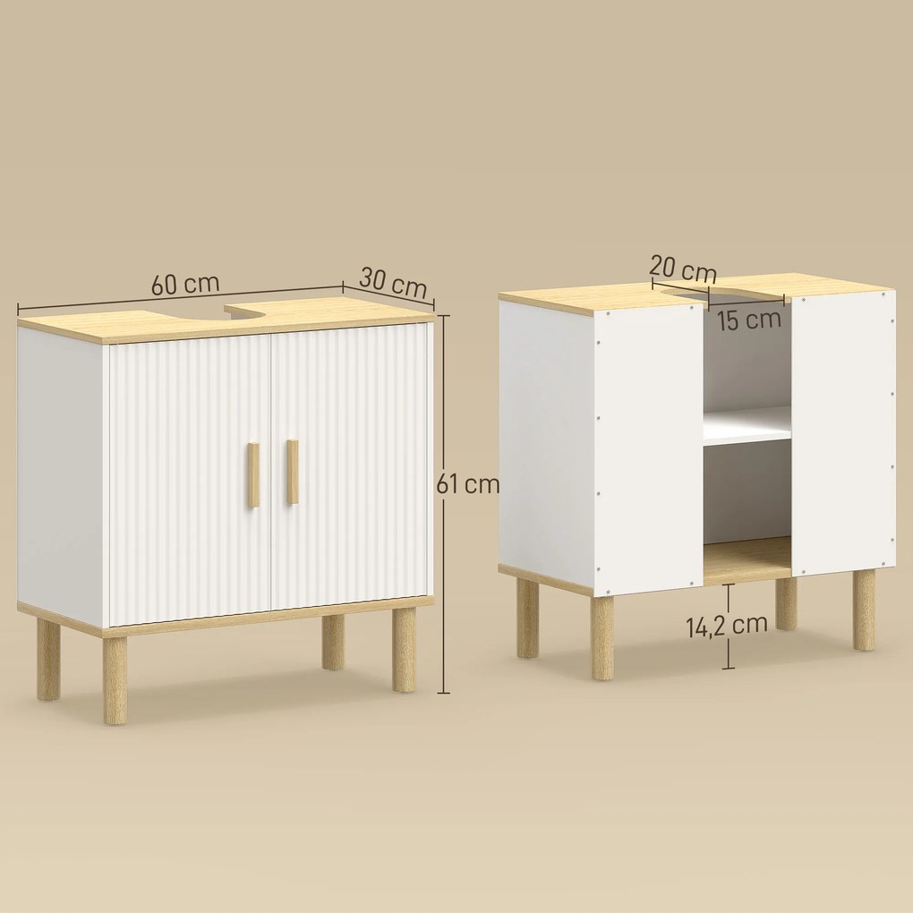 Móvel para Baixo do Lavatório (NÃO INCLUIDO) com Prateleira Ajustável Armário para Lavatório sem Pedestal com Portas Caneladas 60x30x61 cm Branco