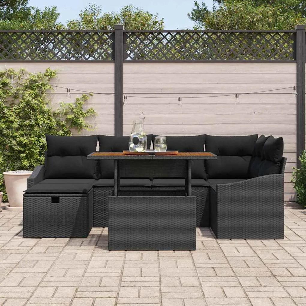 Conjunto de Sofá de Jardim de 7 Peças com Almofadas Preto Rattan Sinté