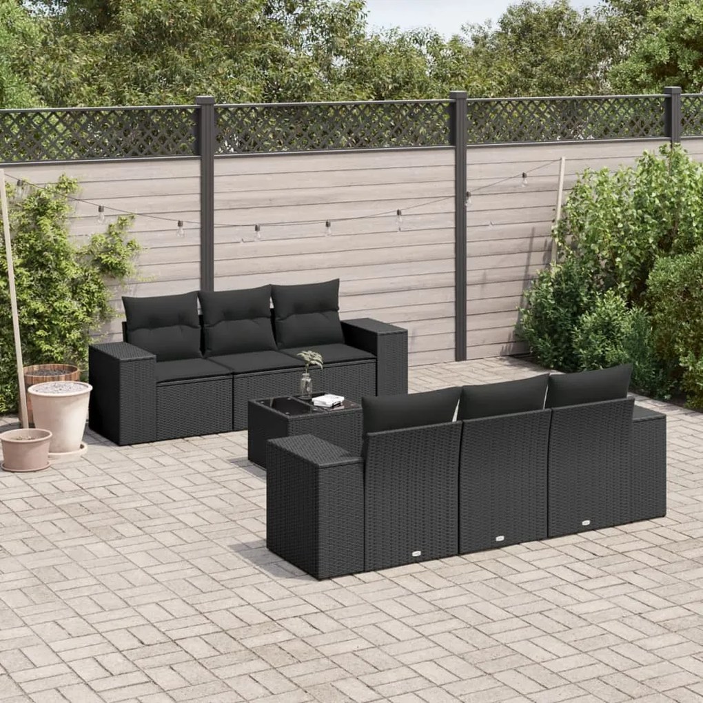 7 pcs conjunto de sofás p/ jardim c/ almofadões vime PE preto