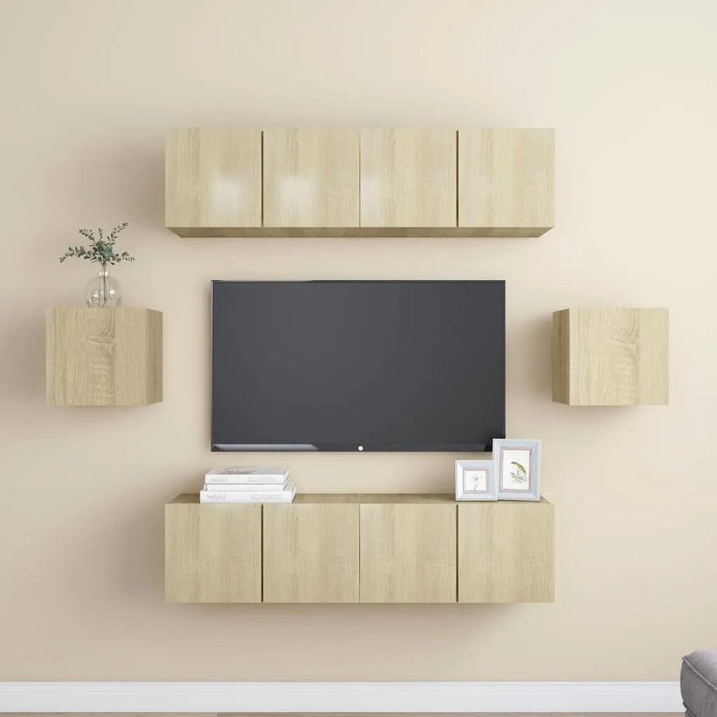 6 pcs conjunto móveis de TV derivados madeira carvalho sonoma