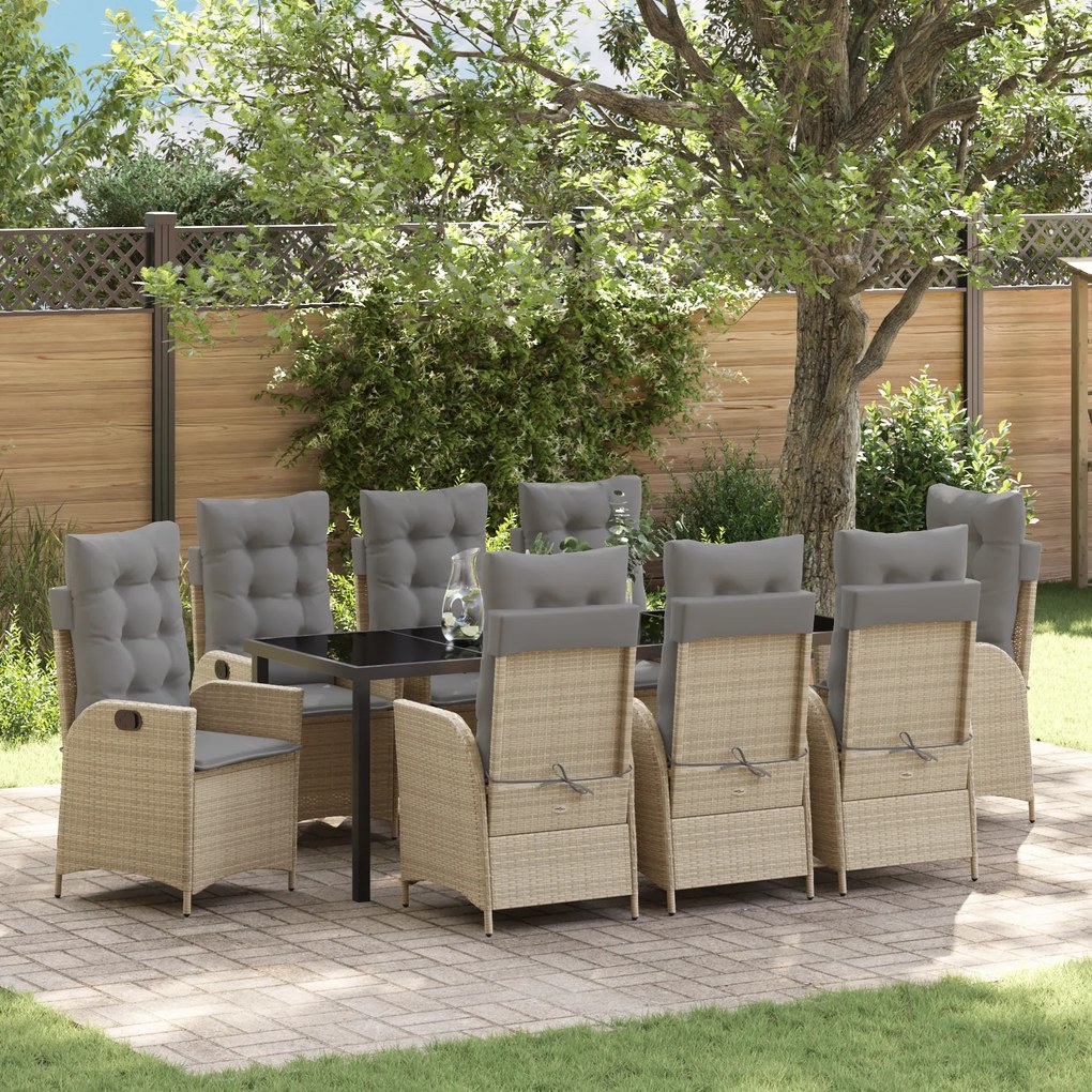 Conjunto de Jantar de Jardim de 9 Peças com Almofadas Bege Rattan de P