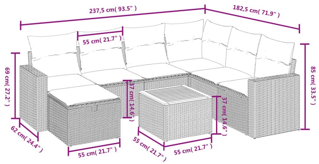 8 pcs conjunto sofás de jardim com almofadões vime PE preto