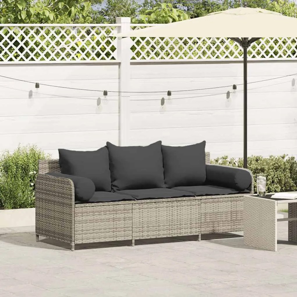 vidaXL Sofá de jardim de 3 lugares c/ almofadões vime PE cinza-claro