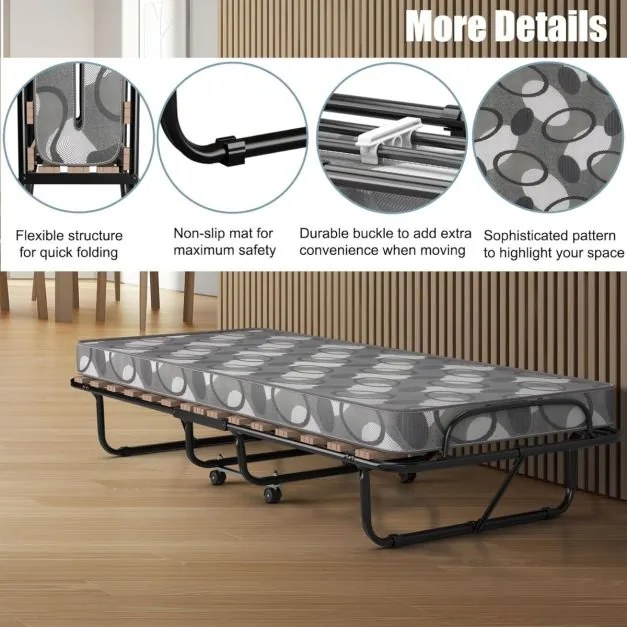 Cama dobrável individual com colchão 80 x 190 cm, estrutura metálica e 4 rodas, capacidade de carga de 130 kg para hóspedes, cinza