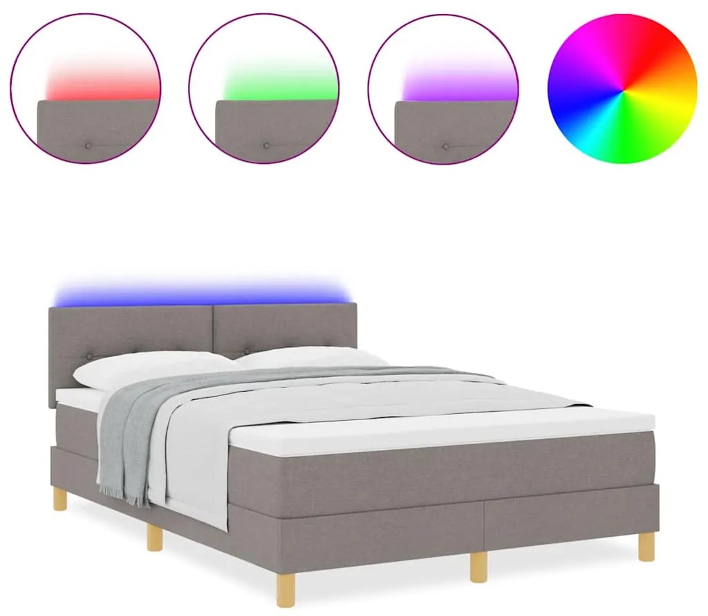 Cama Box Spring com Colchão e LED Taupe 140x200 cm Tecido