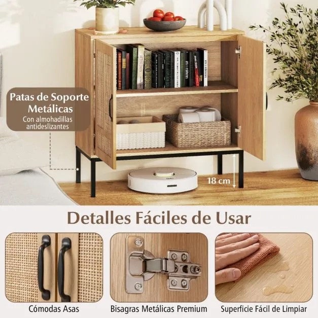 Aparador 80 x 38 x 81 cm com 2 portas em rattan natural, prateleira ajustável em 3 posições, pés metálicos natural