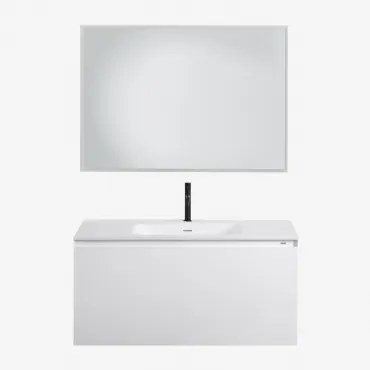 Conjunto De Móveis De Banheiro Em Madeira Macrae Com Pia Integrada Branco & Led Retangular E Anti-embaciamento 100x70 Cm Riben & Preto - Sklum