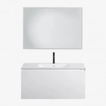 Conjunto De Móvel De Casa De Banho Suspenso Em Madeira Com Lavatório Integrado Macrae Branco & Led Retangular E Anti-embaciamento 100x70 Cm Riben & Pr