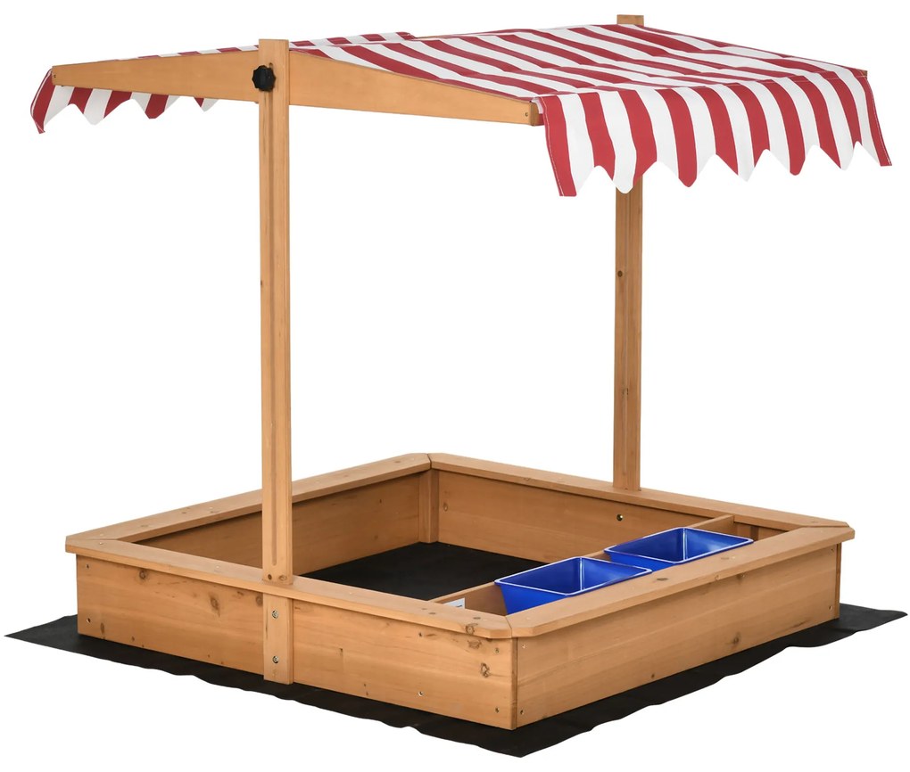 Outsunny Caixa de Areia de Madeira com Teto Inclinável com Altura Ajustável e 2 Baldes de Plástico 107,5x107,5x110cm Natural | Aosom Portugal