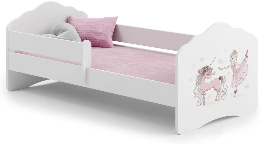 Cama infantil FALA unicórnio e princesa 160x80 com grade branca - colchão e estrado incluído