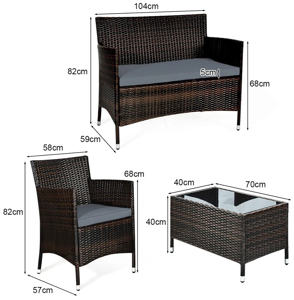 Conjunto de Móveis 4 Peças Rattan para Pátio Exterior Mesa e Sofá com Almofada Conjunto de Conversação Mão-Tecido para Piscina de Jardim Castanho