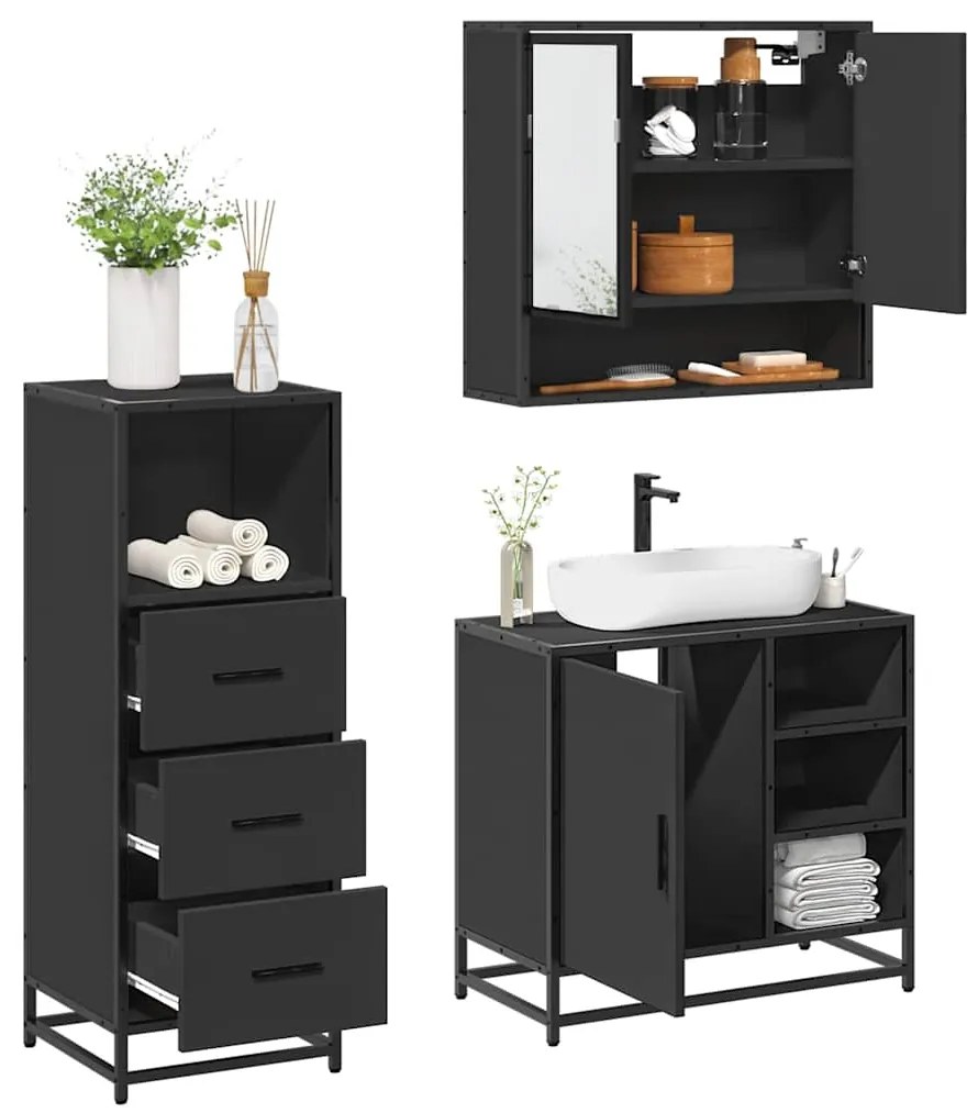 vidaXL 3 pcs conjunto móveis casa de banho derivados de madeira preto