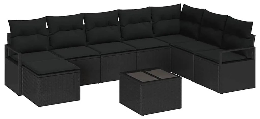 Conjunto de Sofá de Jardim em 9 peças com almofadas bege de rattan.