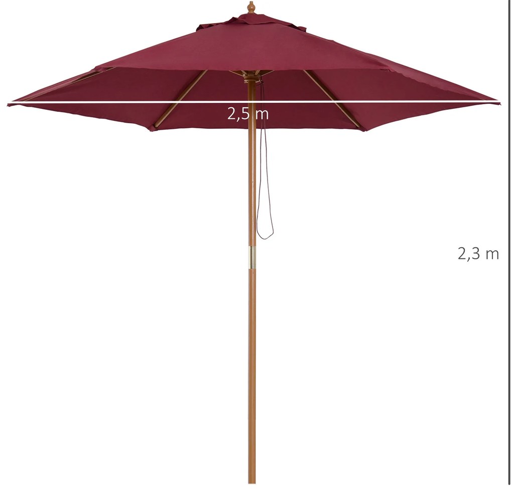 Chapéu de Sol Ø250x230cm Chapéu de Sol com Mastro de Madeira com 6 has