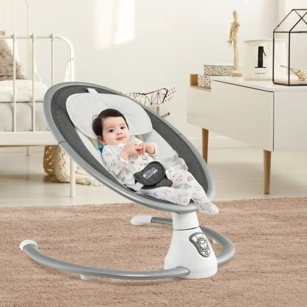 Baloiço elétrico para bebés com 5 níveis de balanço Temporizador Cinto de segurança Cinto de segurança Brinquedos Altifalante e controlo remoto Cinzen
