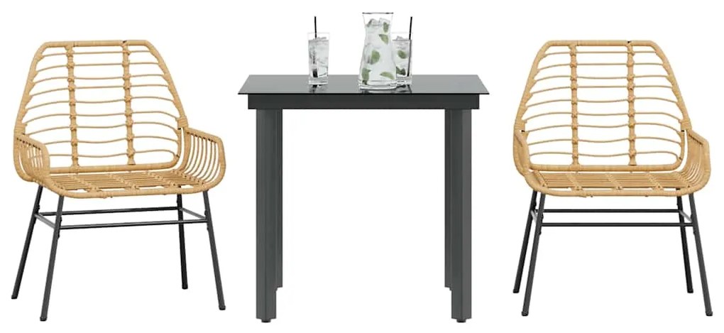 Conjunto jantar jardim 3 peças vidro vime PE castanho