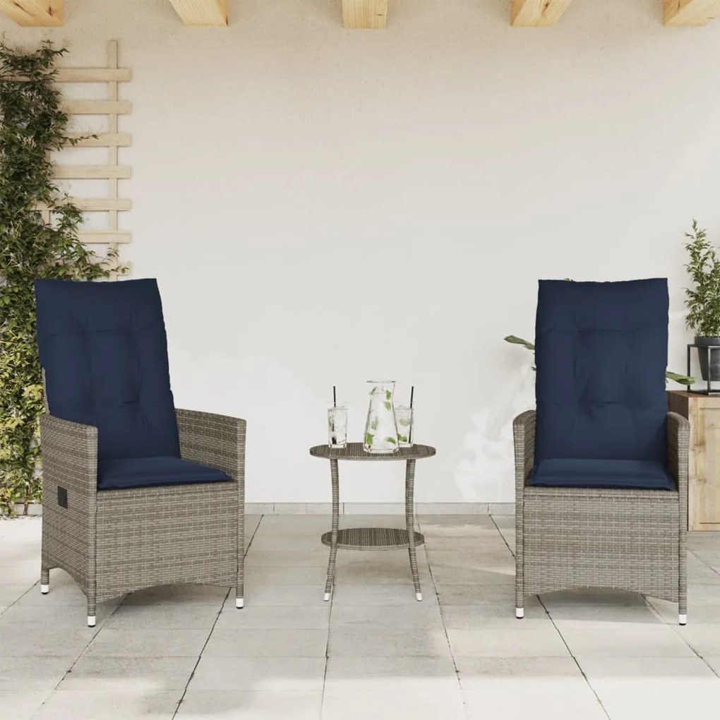 Conjunto Bistro de 3 peças com almofadas em rattan sintético cinza