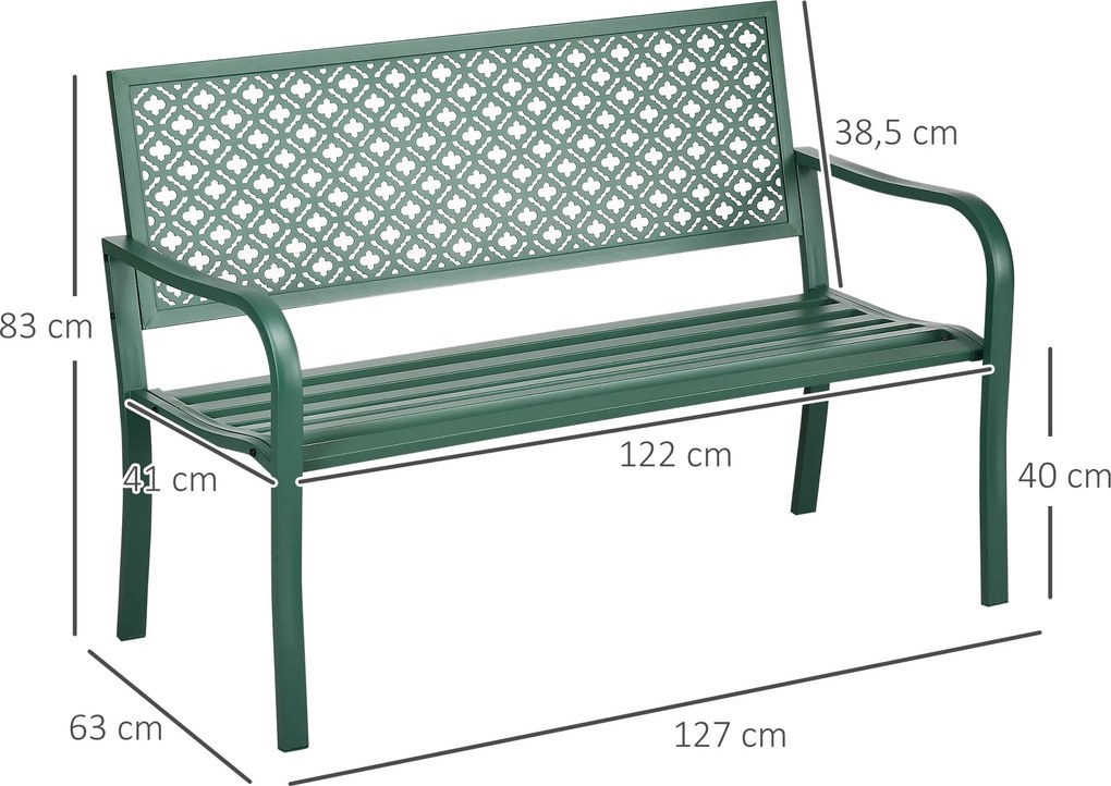 Banco de jardim de exterior em aço com encosto com padrão floral para 2 pessoas, 127 x 63 x 83 cm, verde escuro
