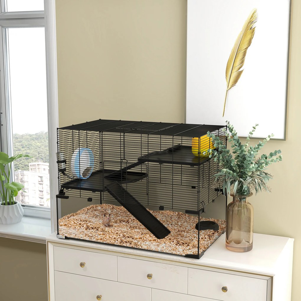 Gaiola para hamsters e roedores de 3 andares com roda, rampas, casinha, bebedouro e comedouro – 76,5 x 48,5 x 54,5 cm – preta