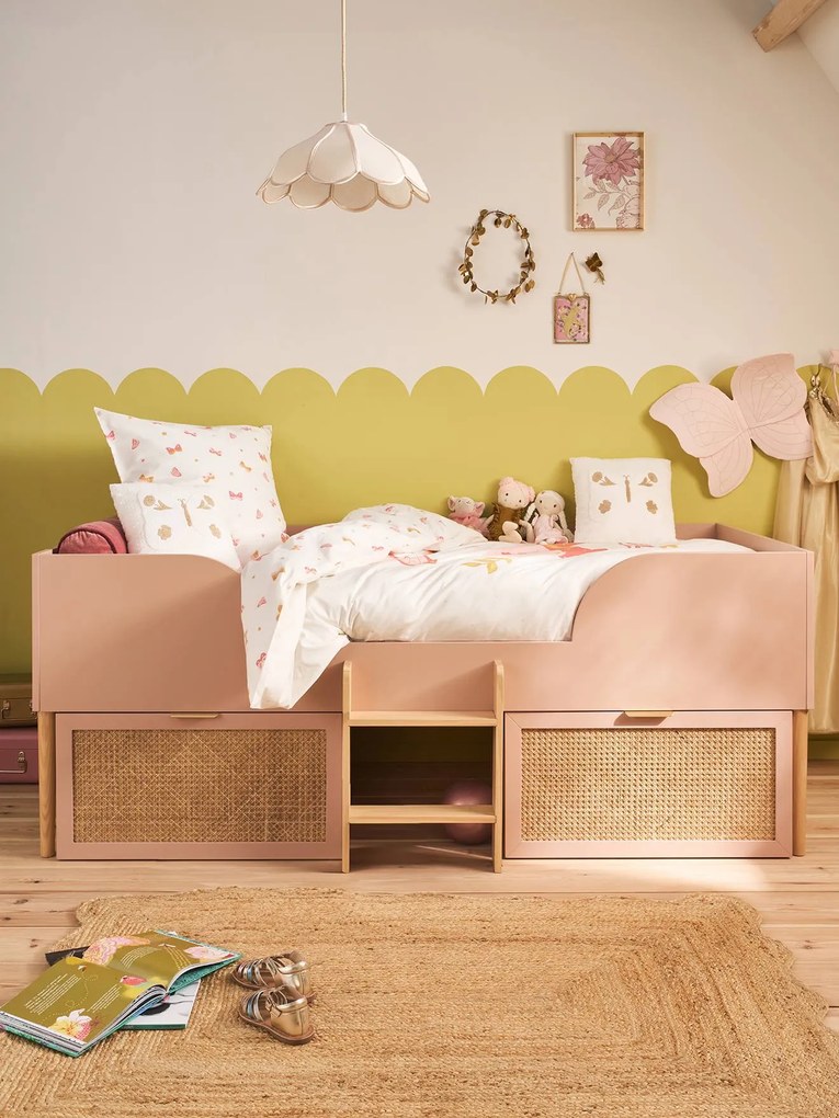 Cama alta Montessori com arrumações em palhinha, para criança, Poesia rosa-nude