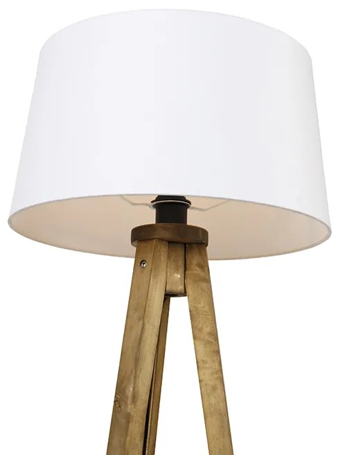 Candeeiro de pé rústico tripé vintage em madeira com abajur de linho branco 45 cm - Tripod Classic