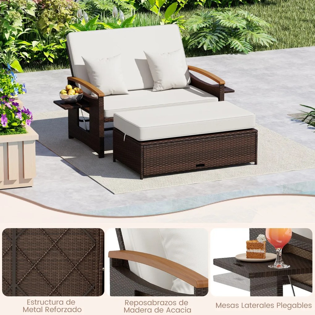 Conjunto de sofá-cama em rattan com pufe com espaço de arrumação, encosto ajustável em 4 níveis e mesas laterais dobráveis para jardim e piscina, bran