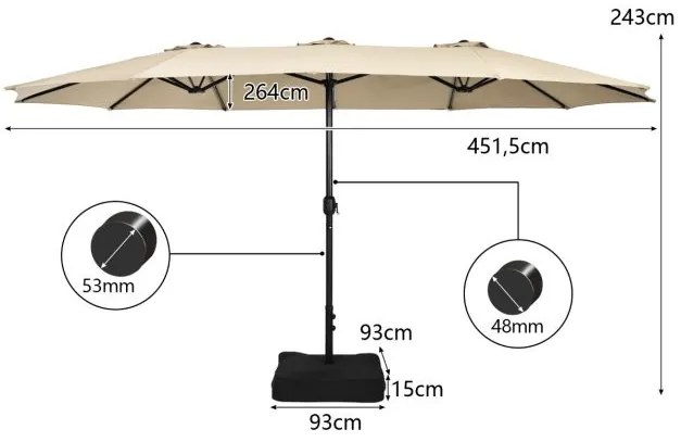 Guarda-sol duplo Grande 4,5 x 2,6 m com base com sacos de areia emanivela, 12 varas sólidas, altura 2,43 cm, para piscina ou jardim, bege
