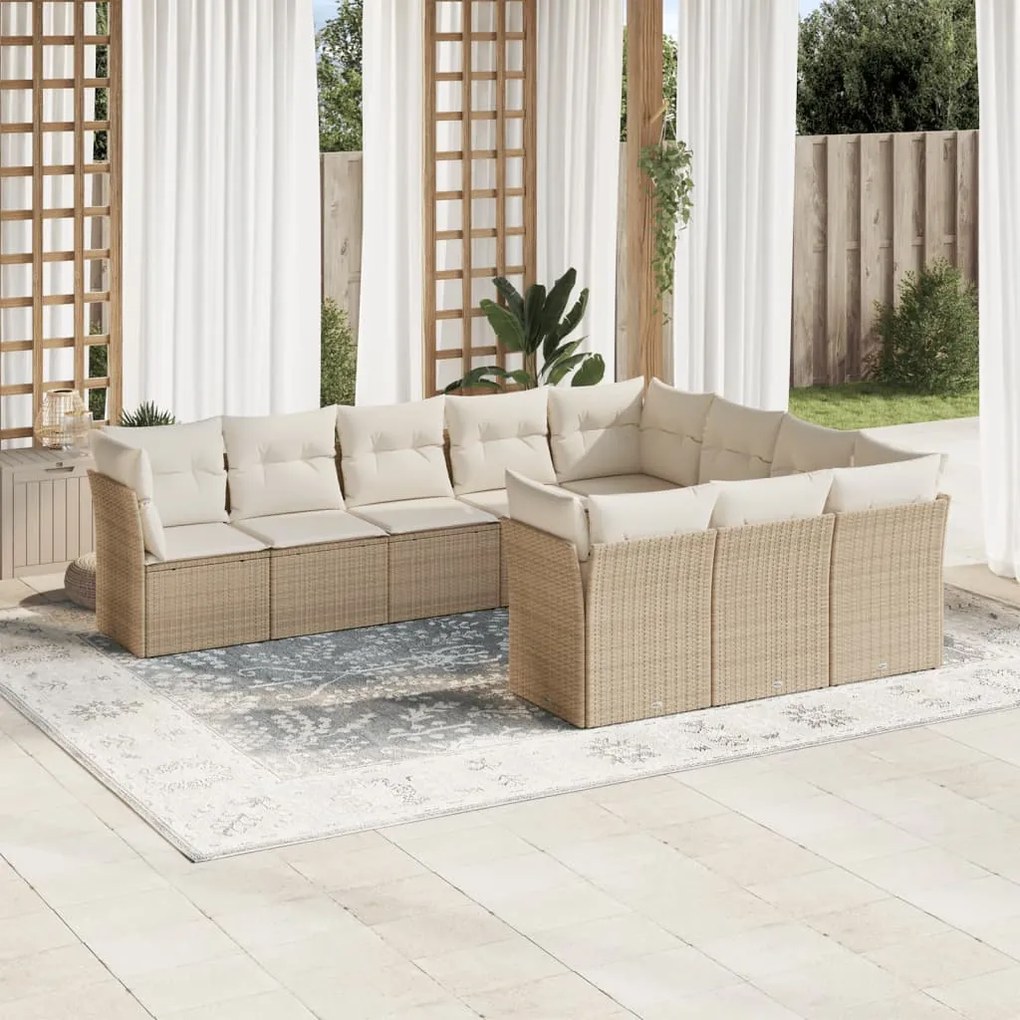 10 pcs conjunto de sofás p/ jardim com almofadões vime PE bege