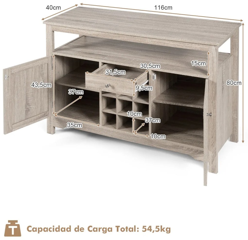 Aparador Covilhã com Gavetas, Estante Aberta e Suporte para Garrafas –