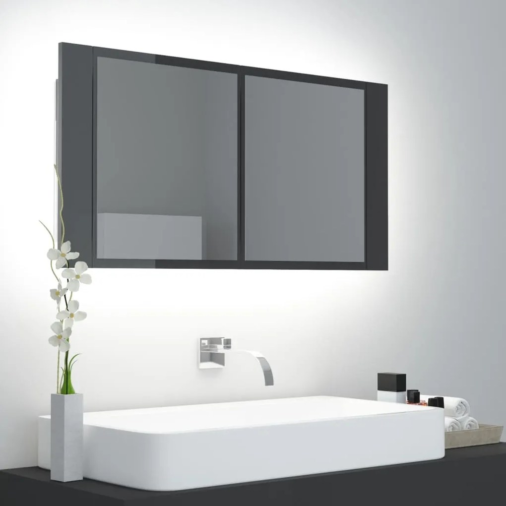 vidaXL Armário espelhado casa de banho LED acrílico cinza brilhante