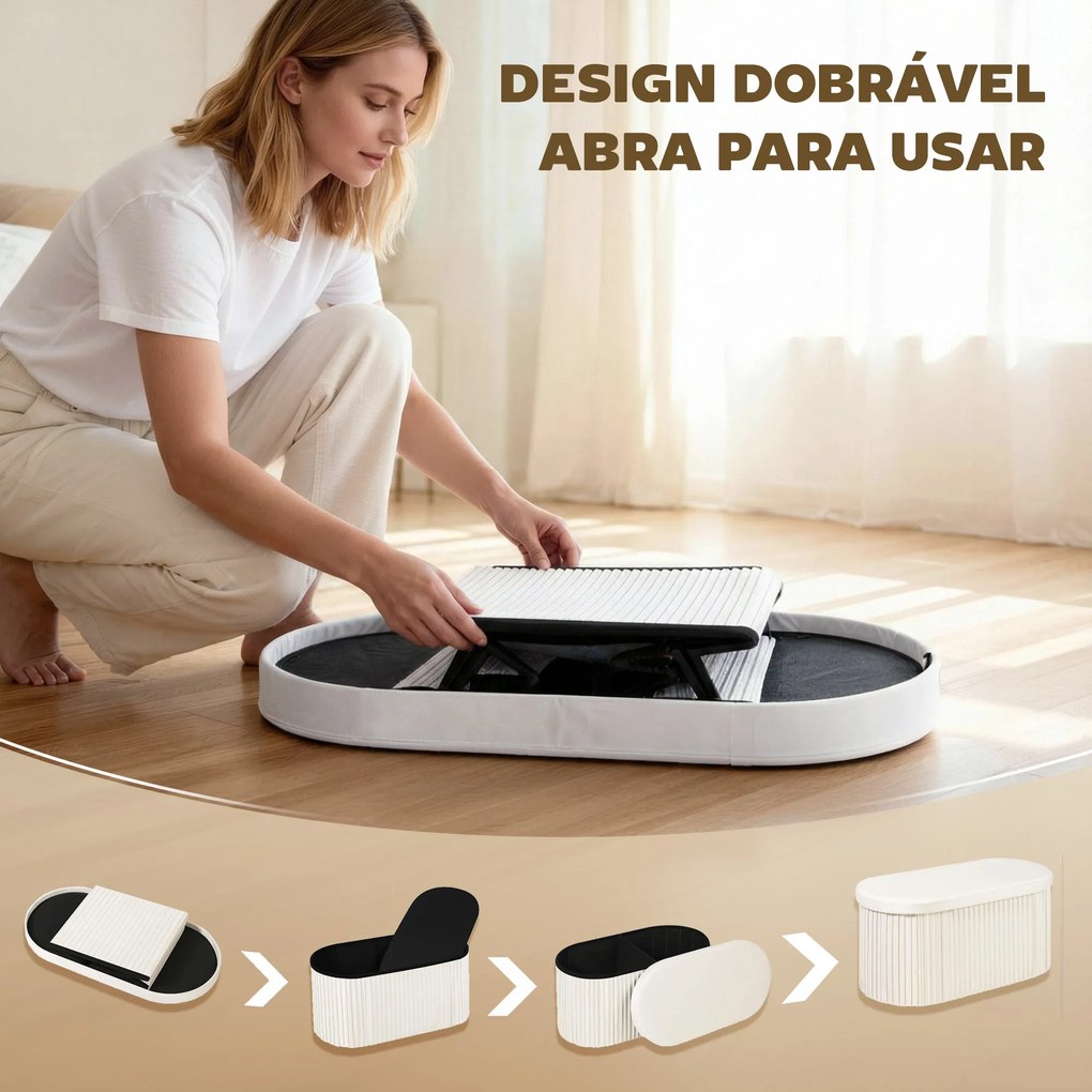 Puff de Arrumação 72 L 76x38x35 cm Estofado em Veludo Baú de Arrumação Suporta 120 kg Creme