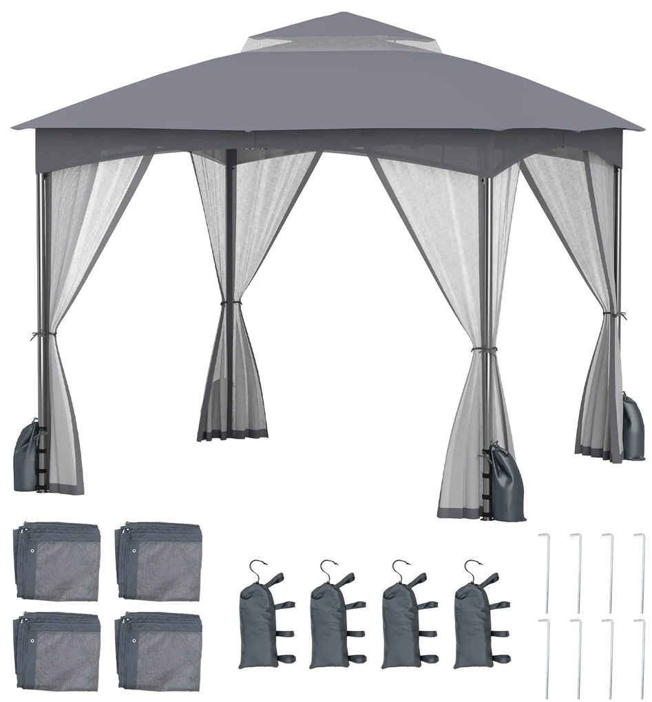 Pérgula jardim de 3 x 3 m com rede mosquiteira, com 4 sacos de areia e teto duplo, impermeável, estável, cinza.