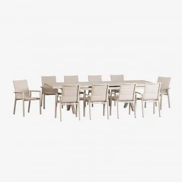 Conjunto De Mesa Retangular Extensível 240-300x100 Cm E 10 Cadeiras De Jardim Empilháveis Com Apoios De Braços Em Alumínio Karen Tapioca Bege - Sklum