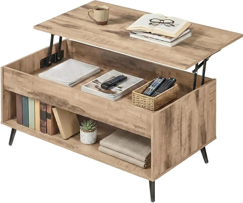 Mesa de sala, mesa de centro com altura ajustável 50 x 100 x 45/58,5 cm, compartimento oculto castanho-camelo e preto