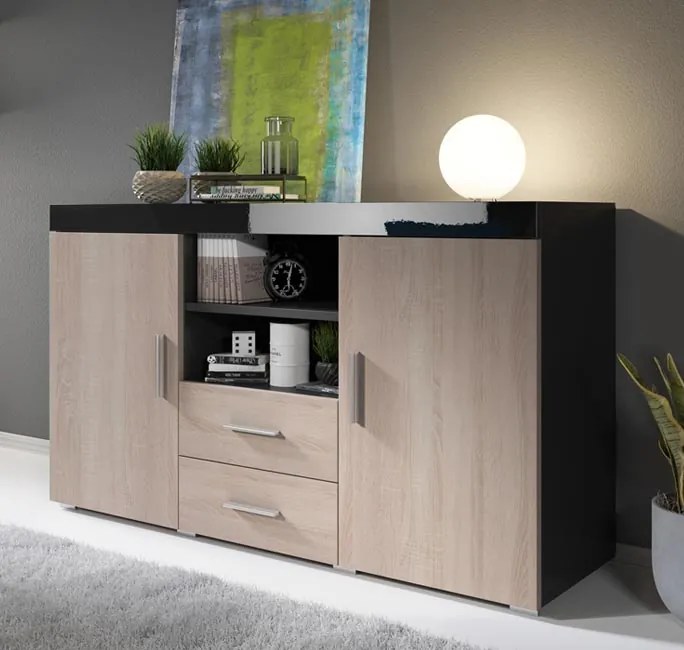 Aparador "Manvy" - 140x80x40 cm - Preto e Carvalho - Design Moderno -