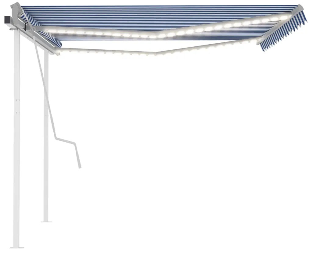 Toldo retrátil manual com luzes LED 4x3,5 m azul e branco