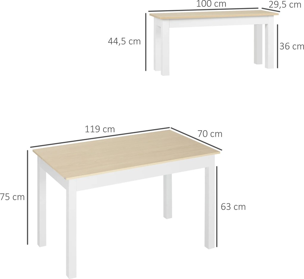 Conjunto de mesa de jantar de 3 peças com 2 bancos encaixáveis para 4-6 pessoas, estilo contemporâneo, em aglomerado cor carvalho e branco