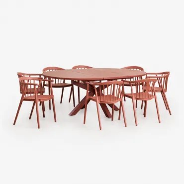 Conjunto De Mesa Extensível Redonda 145-200x145 Cm Em Alumínio Barces E 10 Cadeiras De Jantar Empilháveis Com Apoios De Braços I Terracota - Sklum