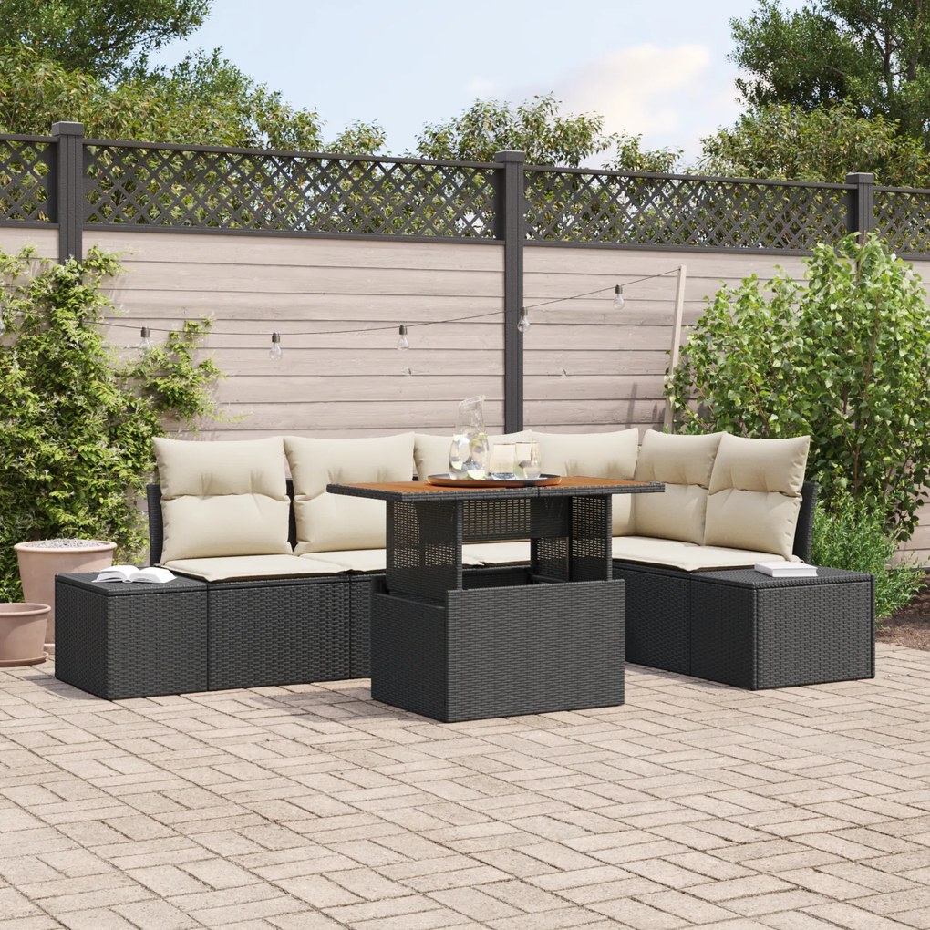 Conjunto de Sofás de Jardim de 6 Peças com Almofadas Preto Rattan Sint