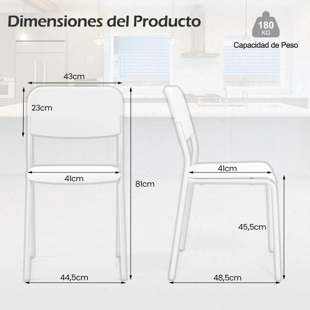 Conjunto de 4 cadeiras jantar empilháveis de plástico modernas com pernas de metal inclinadas para trás sem braços para cozinha, sala de jantar, resta