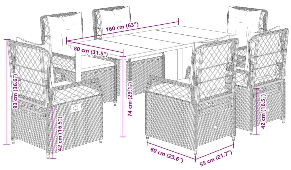 7 pcs conj. jantar p/ jardim c/ almofadões vime PE cinza-claro