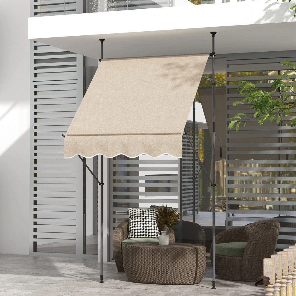 Toldo retrátil manual autoportante, 1,5 m (L) x 1,2 m (P) x 2,1-3 m (A), inclinação ajustável, metal, alumínio, poliéster, cor areia