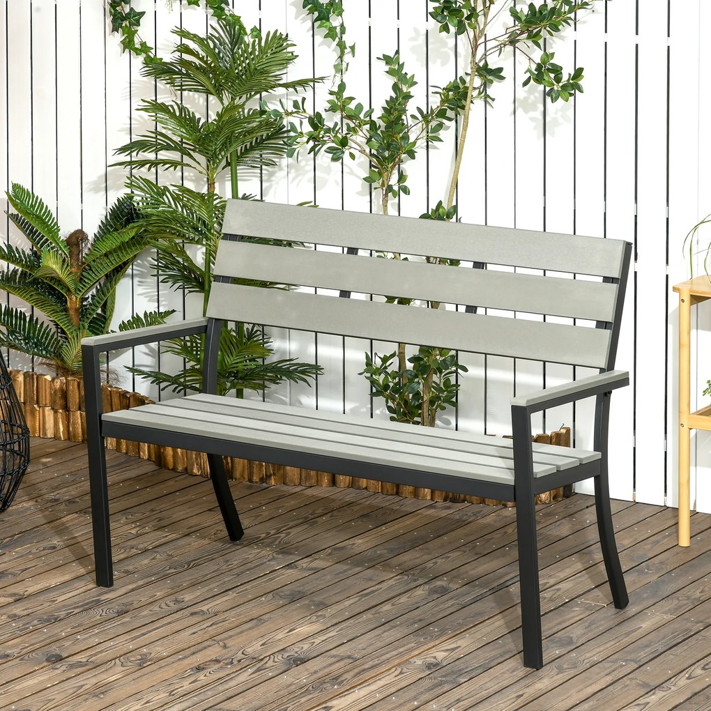 Outsunny Banco de Jardim 2 Lugares Banco para Exterior com Encosto Apoio para os Braços e Estrutura de Aço para Varanda Pátio Carga 240 kg 122x65x92 cm Cinza