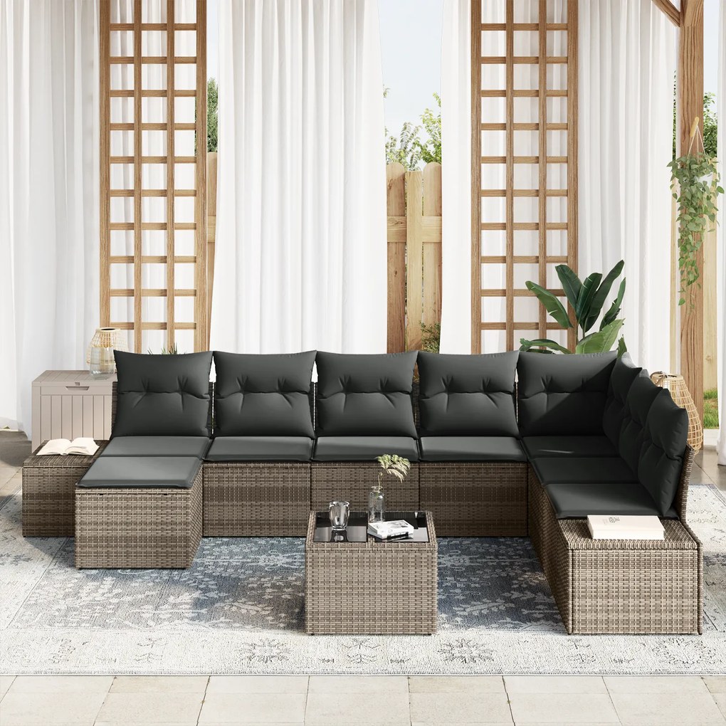 Conjunto de Sofá de 8 Peças para Jardim com Almofadas Rattan Preto