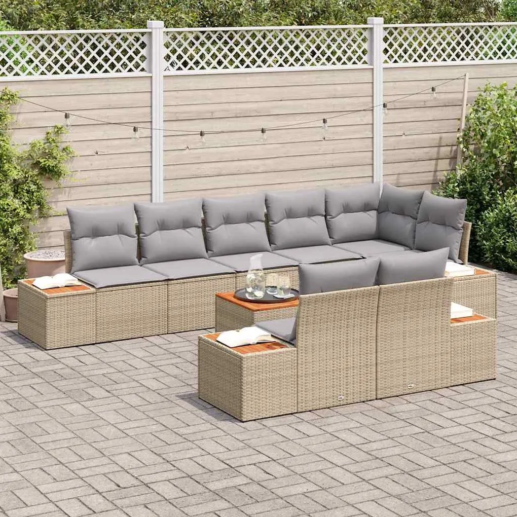Conjunto de Sofá de Jardim com 9 peças, almofadas bege, rattan sintéti