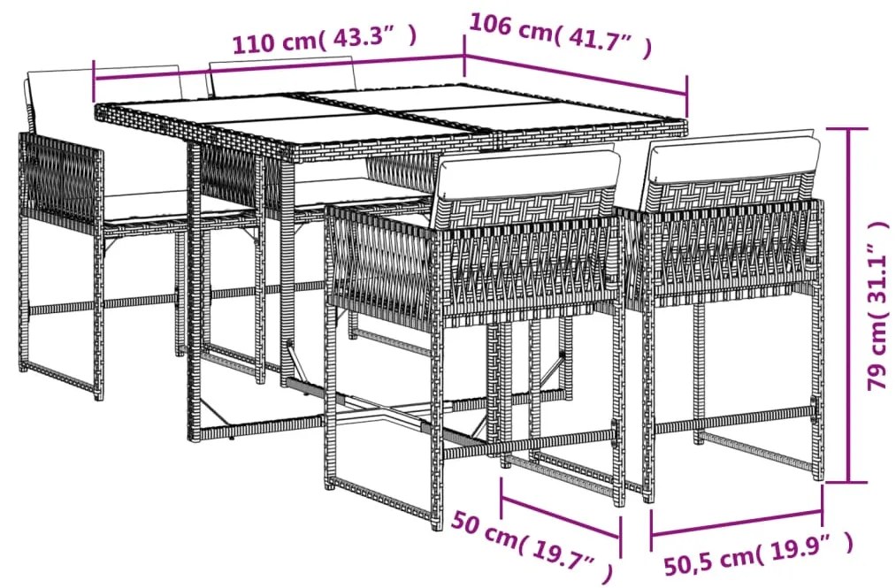 5 pcs conjunto de jantar p/ jardim c/ almofadões vime PE cinza