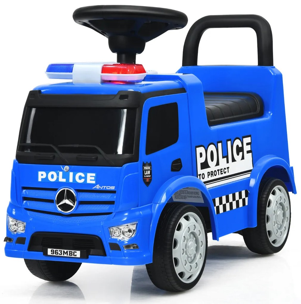 Andador Carro de polícia licenciado da Mercedes Benz para crianças com espaço de arrumação Encosto seguro Volante Utilização no interior e no exterior