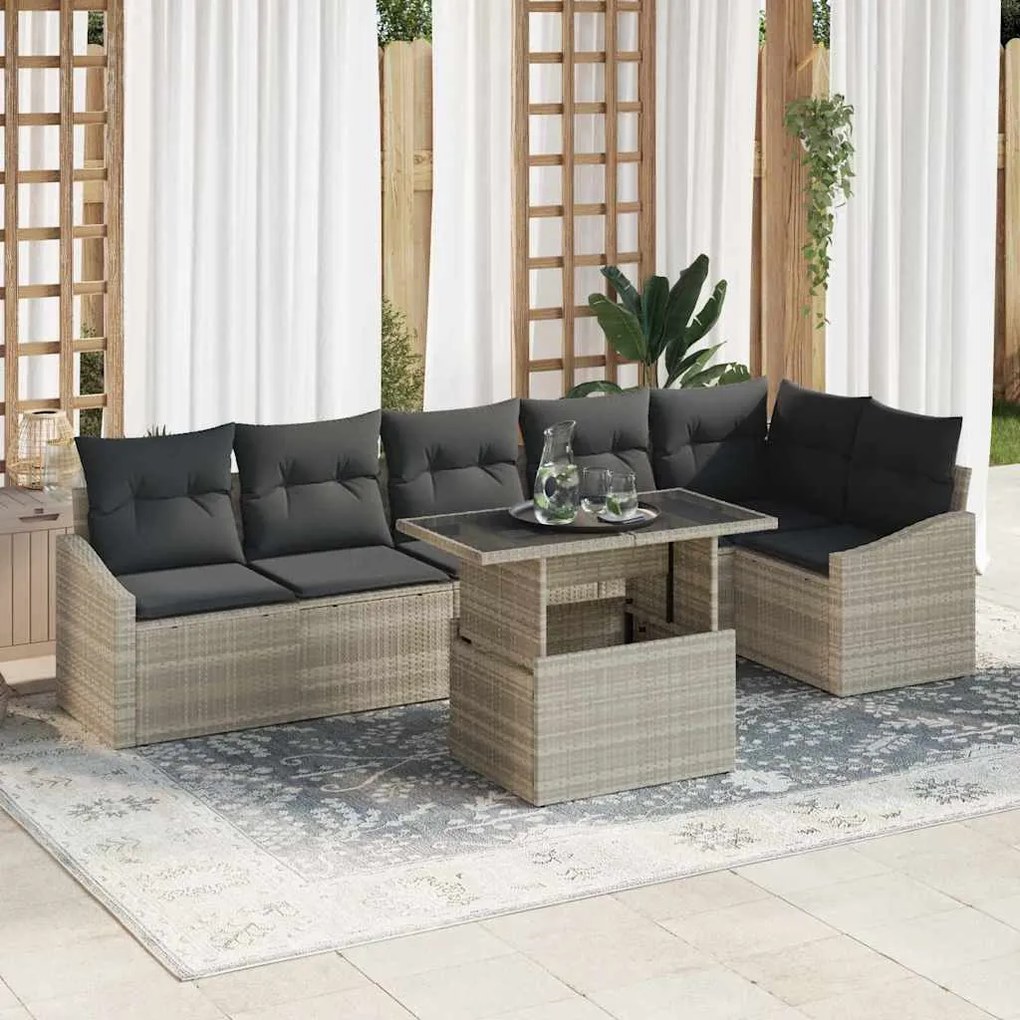vidaXL Conjunto de Sofá de Jardim com 7 Peças e Almofadas Cinza Claro em Rattan Sintético