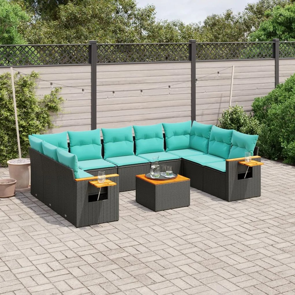 10 pcs conjunto de sofás p/ jardim c/ almofadões vime PE preto