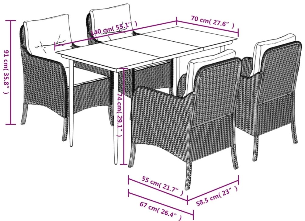 5 pcs conjunto de jantar p/ jardim c/ almofadões vime PE cinza